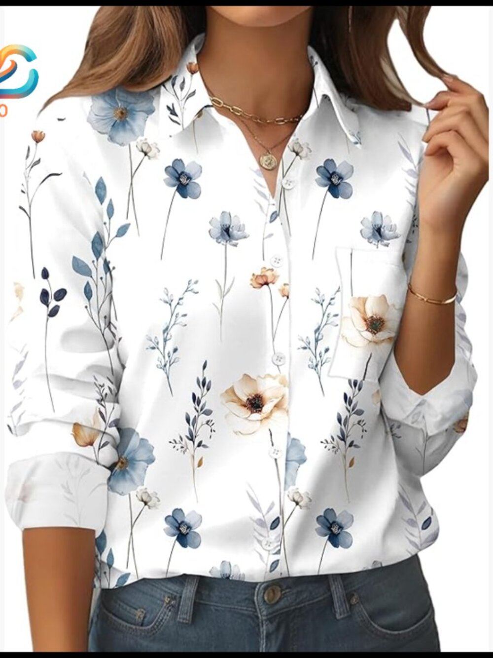 Floral Print Button Down Blouse Long Sleeve Business Casual Top with Pocket